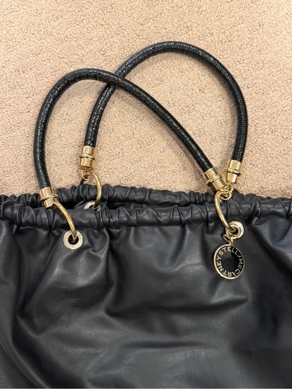Stella McCartney Black Gathered Drawstring Tote with Gold Hardware - Picture 2 of 8